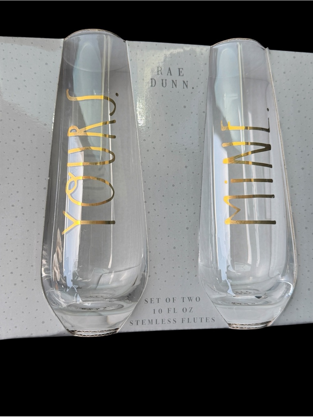 Rae Dunn Clear Stemless Flutes with Gold Lettering - Set of 2 YOURS & MINE